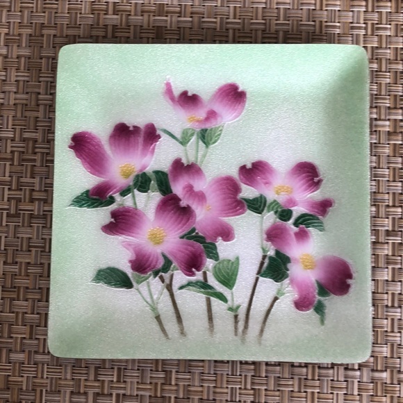 Japanese Cloisonné Enamel Pink Floral Green Background Decorative Square Plate - Picture 3 of 9